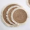 Fringed edge straw woven placemats, thickened heat-insulating clay pot MATS, round straw woven placemats, table plate MATS details Picture